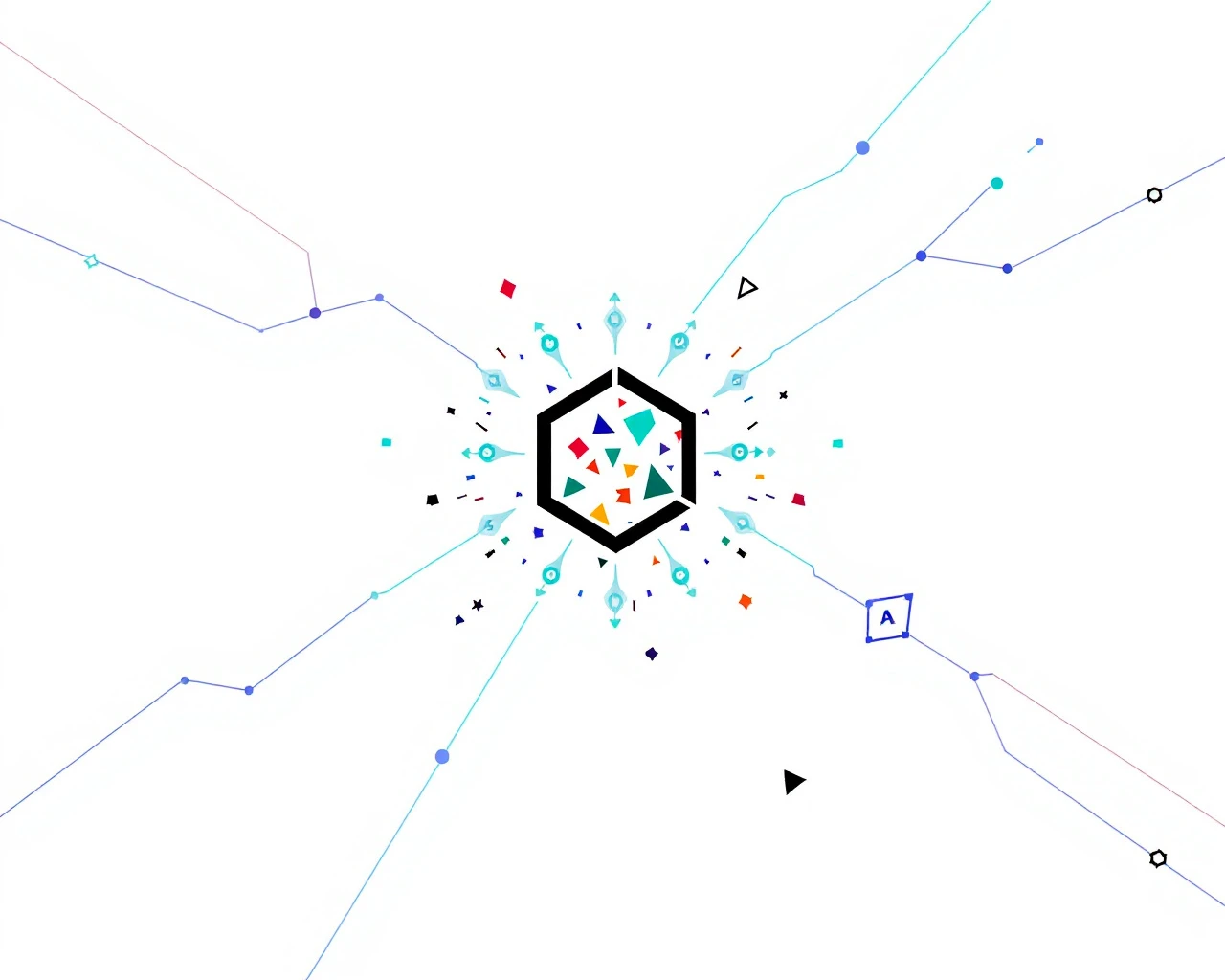 Abstrakti koodivarasto-visualisointi sinisillä yhdistävillä viivoilla kuvaten avoimen lähdekoodin yhteistyötä ja kehitystaitoja