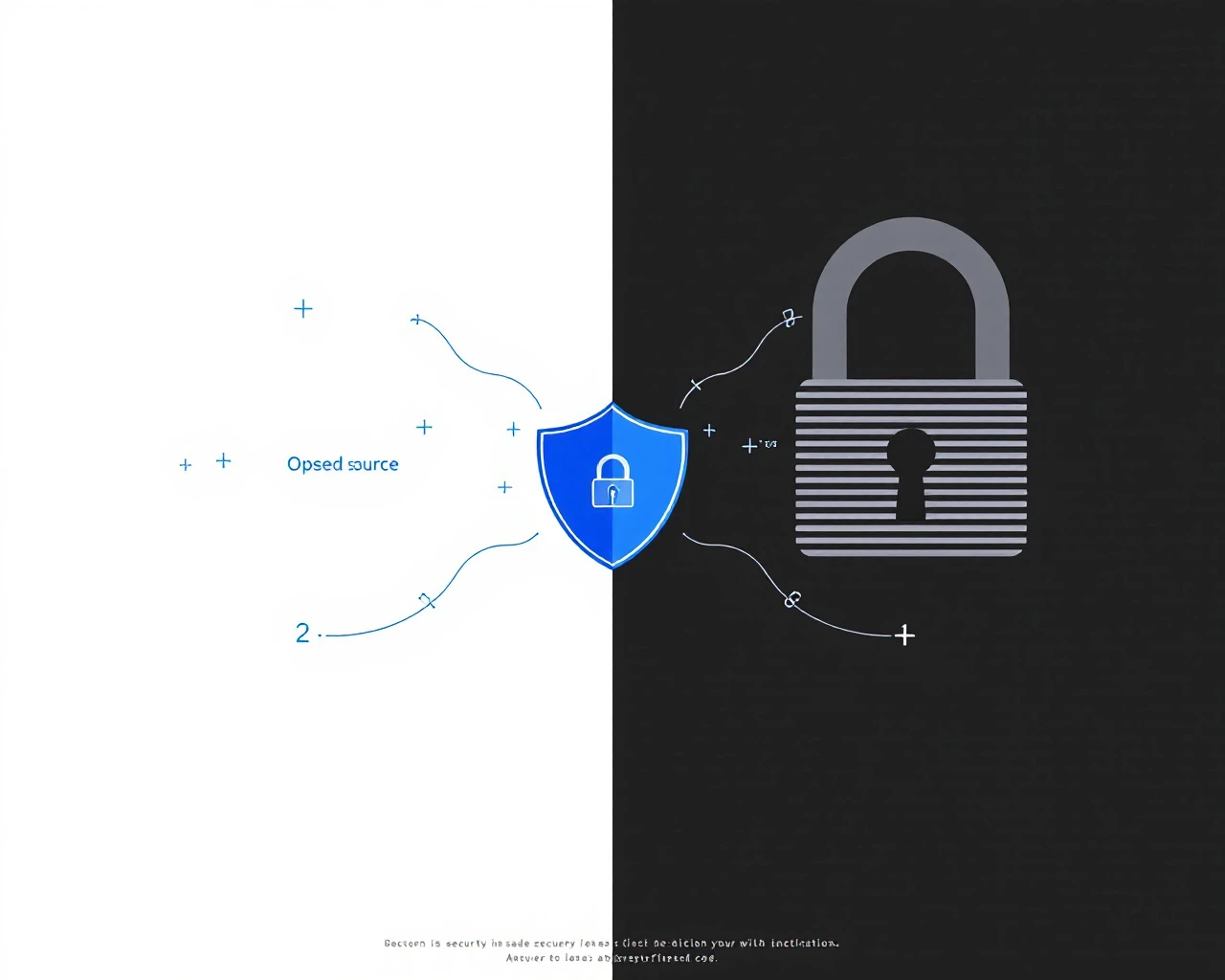 Avoimen ja suljetun lähdekoodin vertailu: sininen avoin lukko vastaan harmaa suljettu lukko, välissä sininen kilpi, taustalla koodikuvioita.