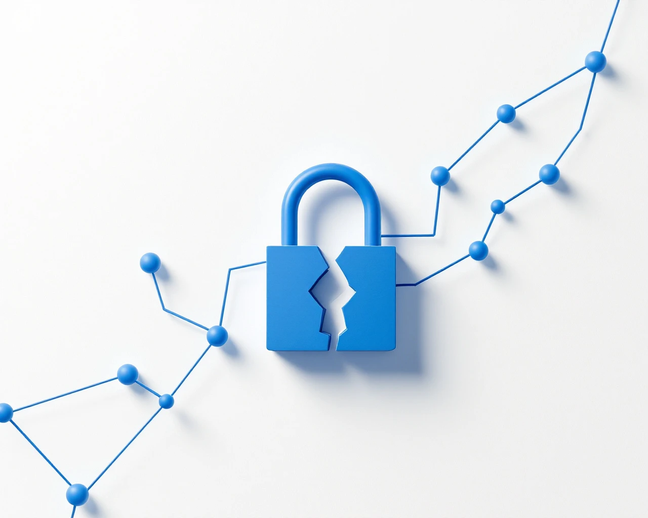 Abstrakti verkosto sinisillä solmukohdilla ja avautuva lukko, joka symboloi siirtymistä suljetuista järjestelmistä avoimeen lähdekoodiin.