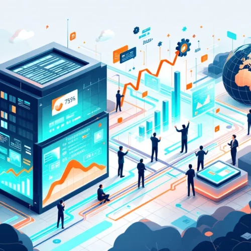 Modernin liiketoimintarakennuksen ja kehitystiimin yhteys digitaalisten polkujen kautta, jossa tiimityö ja innovaatiot johtavat liiketoiminnan kasvuun.