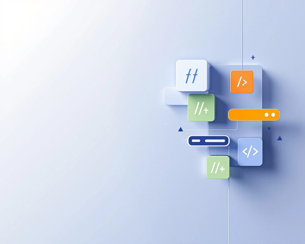 Abstrakti koodin visualisointi, jossa värikkäät ohjelmointikielten lohkot (sininen, oranssi, vihreä) järjestetty ruudukossa, yksinkertaistettu sovelluskäyttöliittymä leijuu yläpuolella.