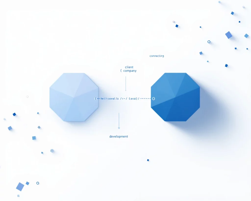 Minimalistinen geometrinen kuvitus kahdesta organisaatiosta, jotka yhdistyvät koodikuvioiden kautta ohjelmistokehityskumppanuudessa