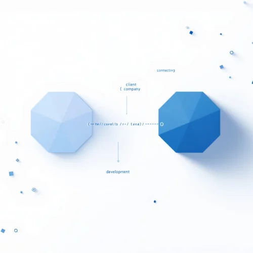 Minimalistinen geometrinen kuvitus kahdesta organisaatiosta, jotka yhdistyvät koodikuvioiden kautta ohjelmistokehityskumppanuudessa