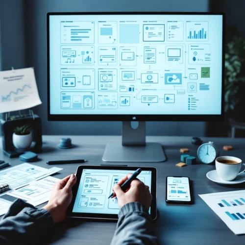UX-suunnittelijan työpiste, jossa näytöllä rautalankamalli, digitaalinen piirustusalusta, käyttäjäpolkukarttoja ja lämpökartta-analyysi sinivalkeassa valaistuksessa.