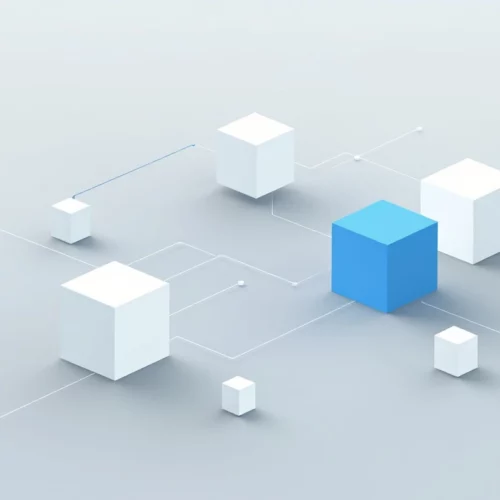 Minimalistiset vaaleansinisen ja valkoisen geometriset muodot yhdistyvät harmaan taustan edessä. Erottuva sininen elementti symboloi huoltopalvelujen integraatiota järjestelmäarkkitehtuuriin.