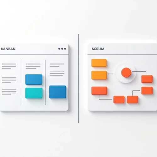 Kanban-metodin ja Scrum-menetelmän visuaalinen vertailu minimalistisessa jaetulla näytöllä – lineaarinen työnkulku vasemmalla ja syklinen sprinttimalli oikealla.