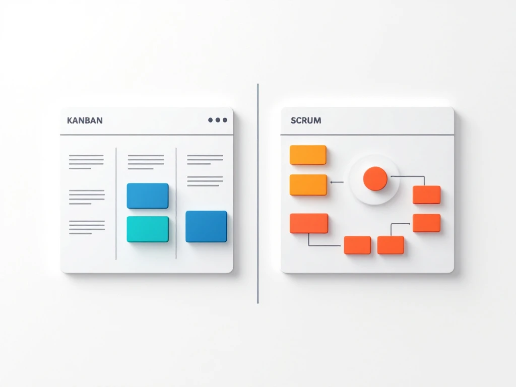 Kanban-metodin ja Scrum-menetelmän visuaalinen vertailu minimalistisessa jaetulla näytöllä – lineaarinen työnkulku vasemmalla ja syklinen sprinttimalli oikealla.