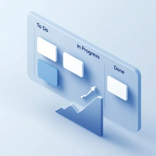 Minimalistinen Kanban-taulu isometrisessä perspektiivissä, jossa tehtäväkortit jakautuvat kolmeen sarakkeeseen, "Valmis"-sarake täydempi, nouseva kaavio alanurkassa.