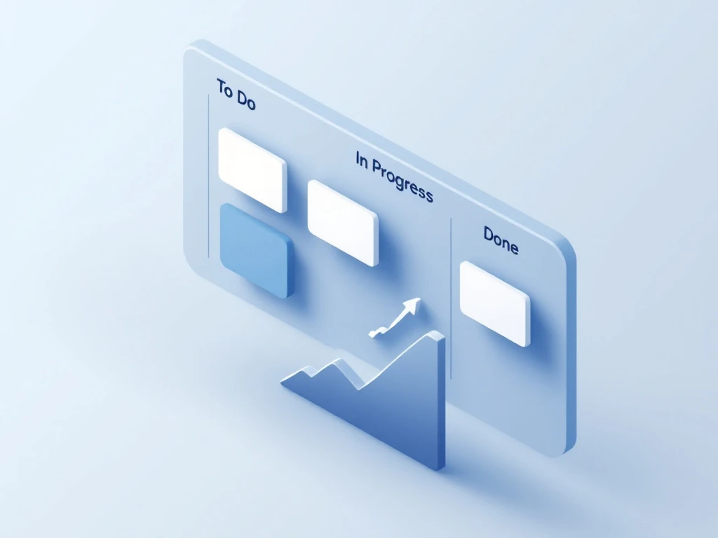 Minimalistinen Kanban-taulu isometrisessä perspektiivissä, jossa tehtäväkortit jakautuvat kolmeen sarakkeeseen, "Valmis"-sarake täydempi, nouseva kaavio alanurkassa.