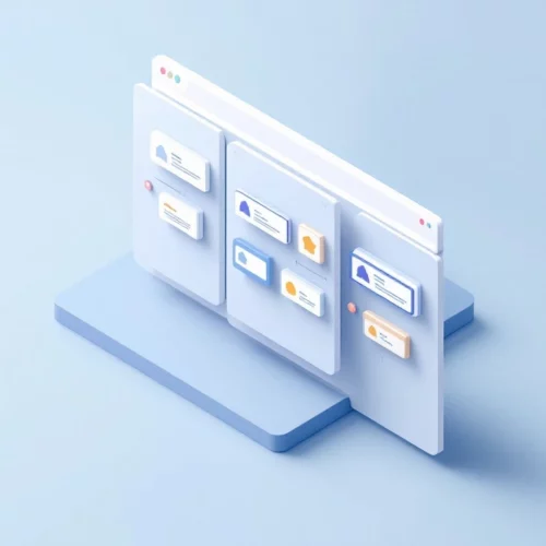 Minimalistinen Kanban-taulu isometrisestä näkökulmasta, jossa kolme saraketta ja värikkäitä tehtäväkortteja. Pehmeä siniharmaa värimaailma korostaa työnkulun etenemistä.