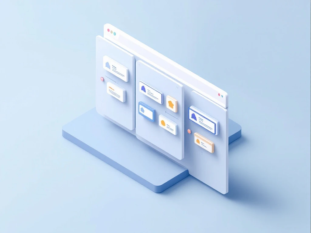 Minimalistinen Kanban-taulu isometrisestä näkökulmasta, jossa kolme saraketta ja värikkäitä tehtäväkortteja. Pehmeä siniharmaa värimaailma korostaa työnkulun etenemistä.