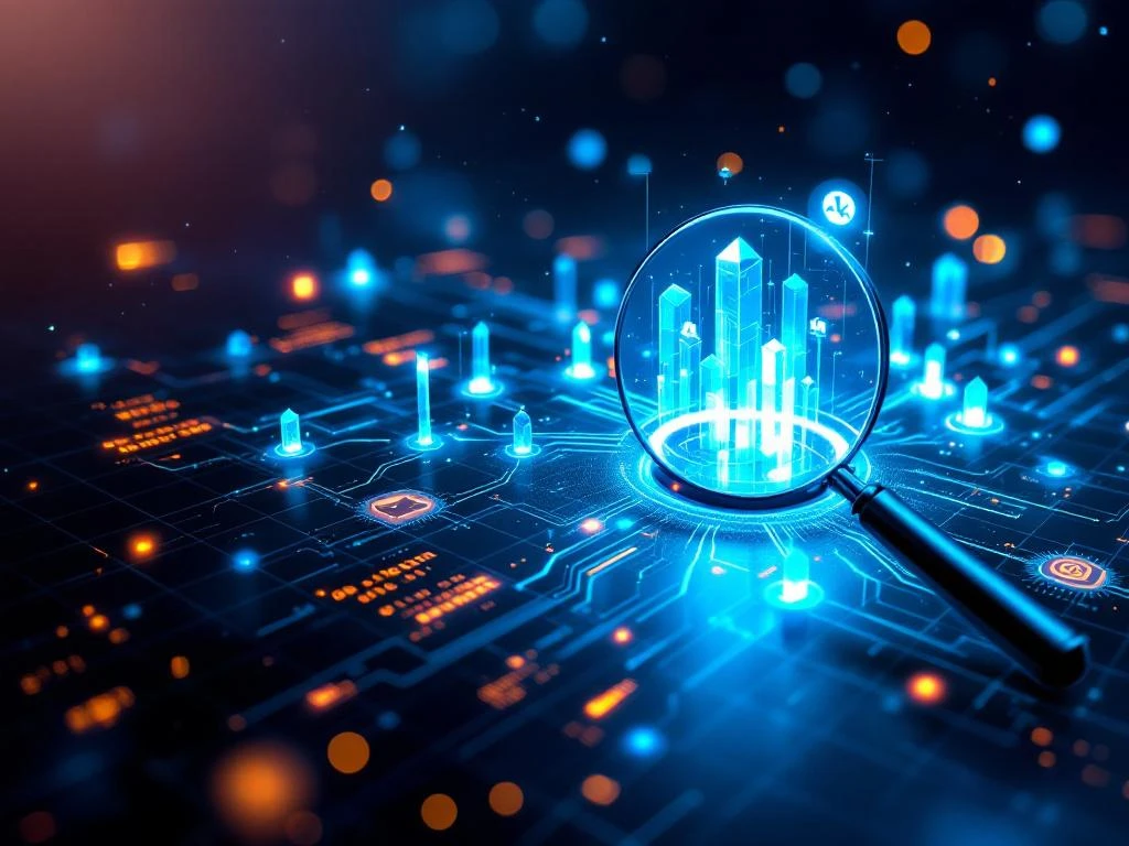 Holografinen analytiikkakojelauta syvässä sinisessä avaruudessa, jossa kiitää datavirtoja ja kytkeytyviä solmuja