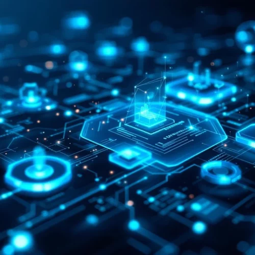 Digitaalinen järjestelmäkaavio sinisillä piireillä ja verkkoyhteyksillä, moderni teknologia-arkkitehtuuri