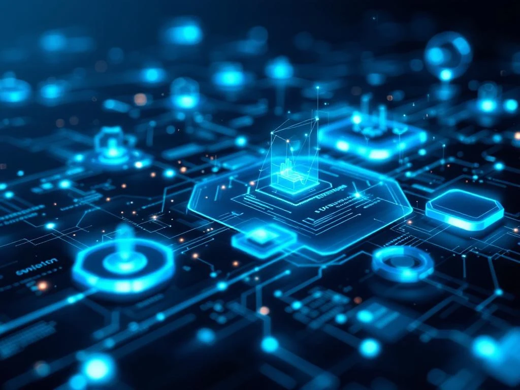 Digitaalinen järjestelmäkaavio sinisillä piireillä ja verkkoyhteyksillä, moderni teknologia-arkkitehtuuri