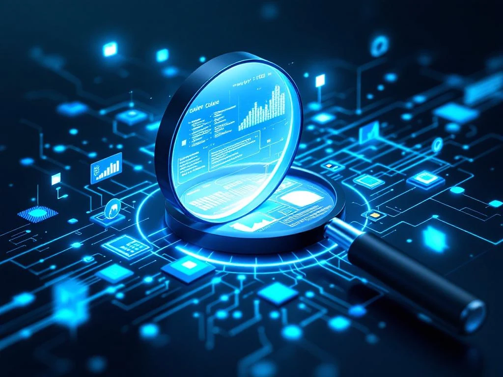 Suurennuslasi paljastaa järjestelmäarkkitehtuurin ja koodiverkoston sinisävyisessä digitaalisessa analyysikuvassa