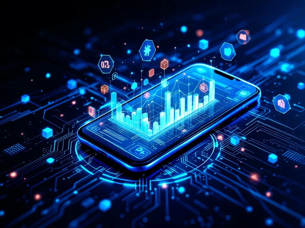 Hehkuva älypuhelin keskellä sinisiä datavirta ja analytiikkakaavioita, ympärillä geometrisiä muotoja ja hologrammisymboleja.