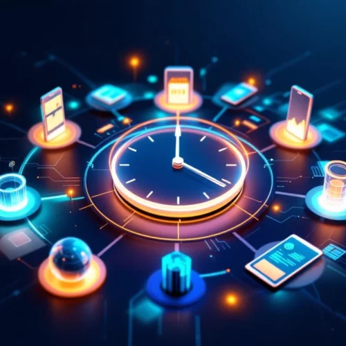 Digitaalinen kello ja kalenterisivut ympäröity älypuhelimilla ja tableteilla, datavisualisointi keskellä sinisellä taustalla