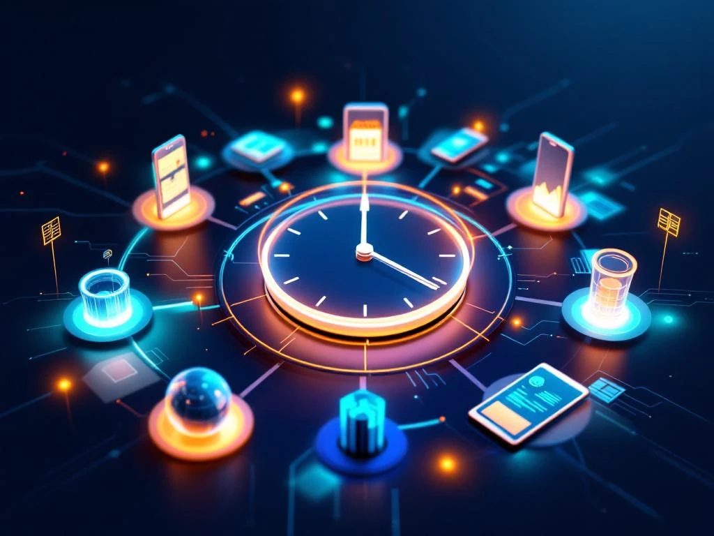 Digitaalinen kello ja kalenterisivut ympäröity älypuhelimilla ja tableteilla, datavisualisointi keskellä sinisellä taustalla