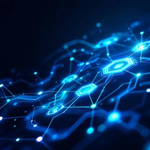 Abstrakti digitaalitaide: sinisiä geometrisia solmuja ja datavirtoja, jotka symboloivat ohjelmistokehitystä ja teknistä osaamista.