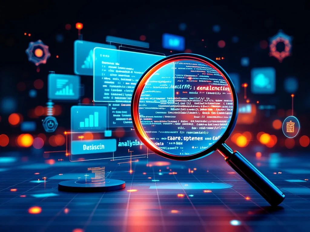 Suurennuslasi tutkii hohtavaa koodia ja datavirtojen keskellä ohjelmistoarkkitehtuuria kuvaavia geometrisia muotoja