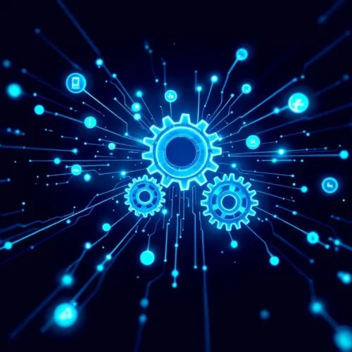 Digitaalinen verkosto sinisillä sävyillä: hammasrattaat muuttuvat koodisymboleiksi, datavirrat ja piirit kuvaavat teknologista yhteistyötä